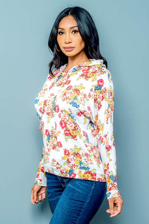 Soft Knit Floral Hoodie with Long Sleeves and Drawstrings (LST6023) - Wholesale Fashion Couture 