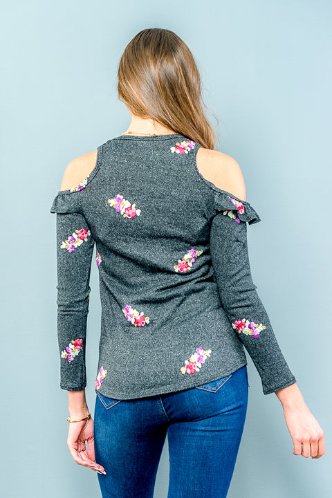 Cold Shoulder 3/4 Sleeve Top with Ruffle Accents and Bright Floral Embroidery  (ET1363) - Wholesale Fashion Couture 