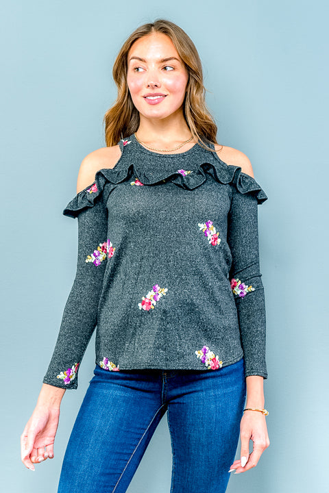 Cold Shoulder 3/4 Sleeve Top with Ruffle Accents and Bright Floral Embroidery  (ET1363) - Wholesale Fashion Couture 