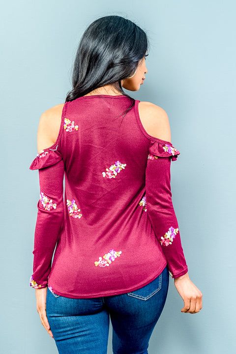 Cold Shoulder 3/4 Sleeve Top with Ruffle Accents and Bright Floral Embroidery  (ET1363) - Wholesale Fashion Couture 