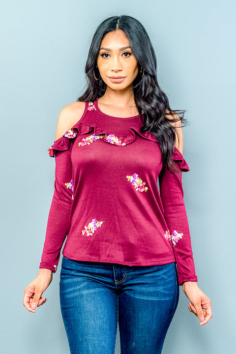 Cold Shoulder 3/4 Sleeve Top with Ruffle Accents and Bright Floral Embroidery  (ET1363) - Wholesale Fashion Couture 