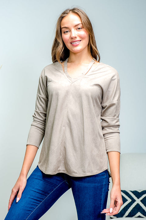 Long Sleeve Suede Crossed Back Top (LT23579) - Wholesale Fashion Couture inc