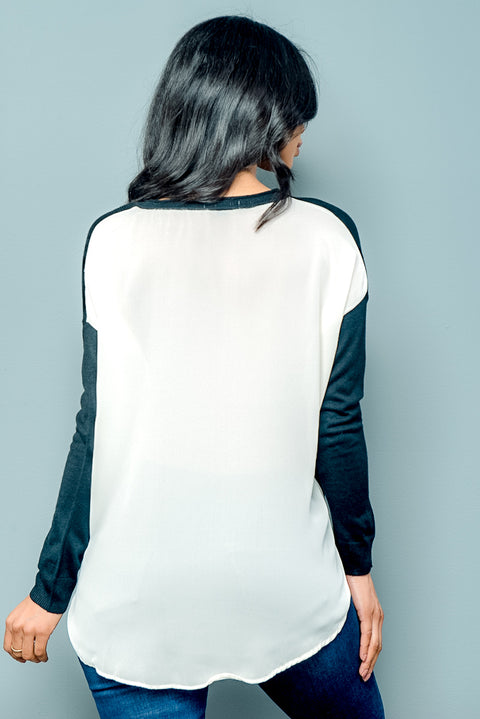 Long Sleeve Knit&Chiffon Top Sweater (VIT7055) Black-Beige / ( S,M,L- 2,2,2)