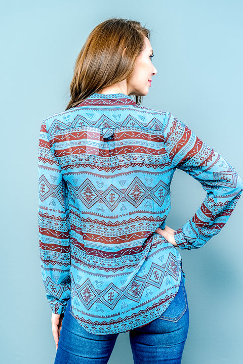 Button Down Long Sleeves (GGW233) Blue-Brown / ( S,M,L- 2,2,2)