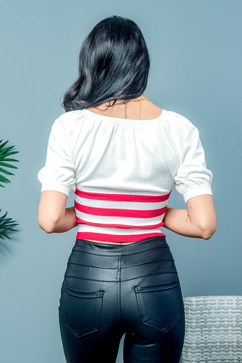 Striped Puff Sleeve Rib Knit Crop Top (SJ16656) - Wholesale Fashion Couture 
