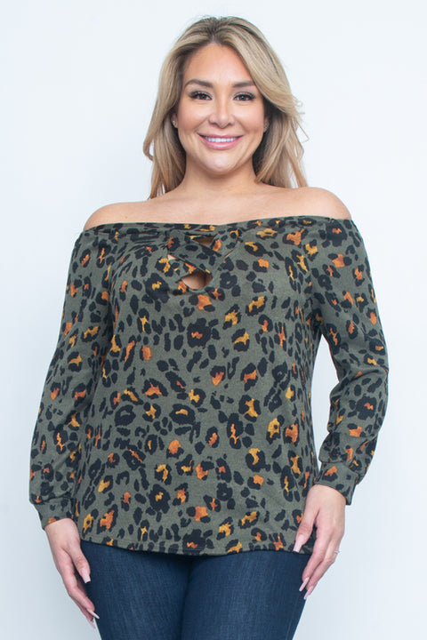 Black Plus Size Off Shoulder With Sleeve Top (T1207) Olive / ( 1XL - 2XL - 3XL- 2-2-2)