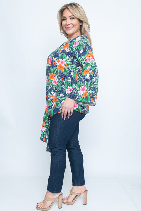 Tropical Plus Size Long Sleeve Top (T1124-1) Navy / ( 1XL - 2XL - 3XL- 2-2-2)