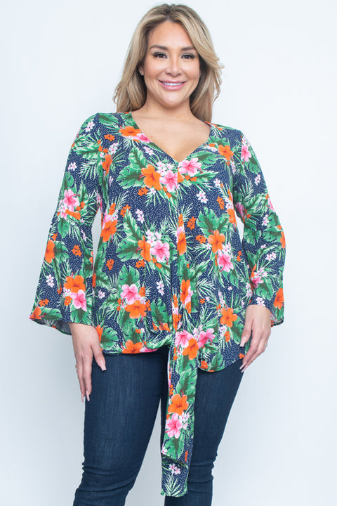 Tropical Plus Size Long Sleeve Top (T1124-1) Navy / ( 1XL - 2XL - 3XL- 2-2-2)