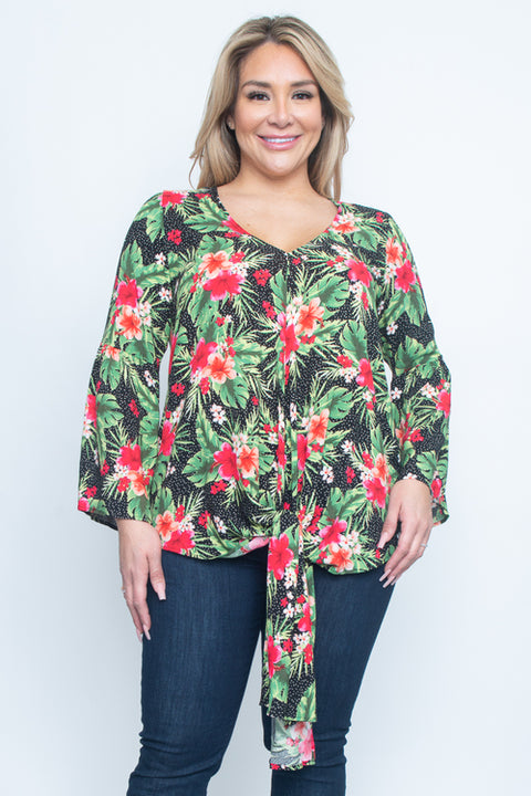 Tropical Plus Size Long Sleeve Top (T1124-1) Black / ( 1XL - 2XL - 3XL- 2-2-2)