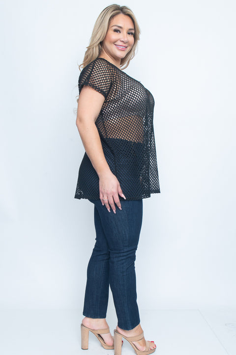 Plus Size Short Sleeve Top (ZA3382) Black / ( 1XL-2XL-3XL- 1-1-1)