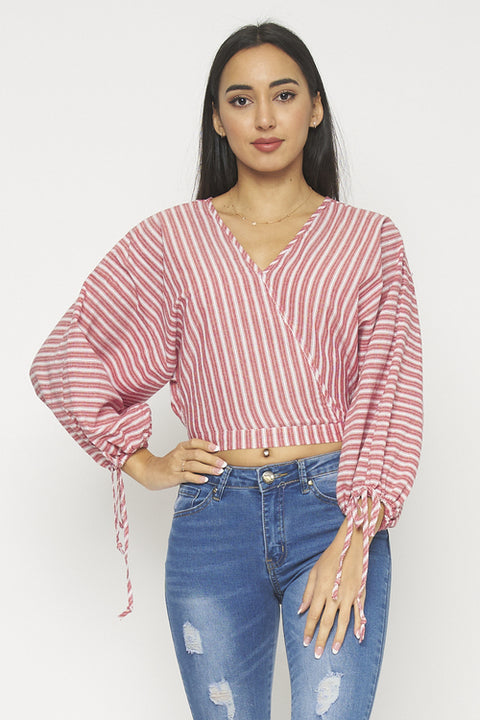 Surplice Pin Striped Wrap Top with Balloon Sleeves and Wrist Ties (T15255) - Wholesale Fashion Couture 