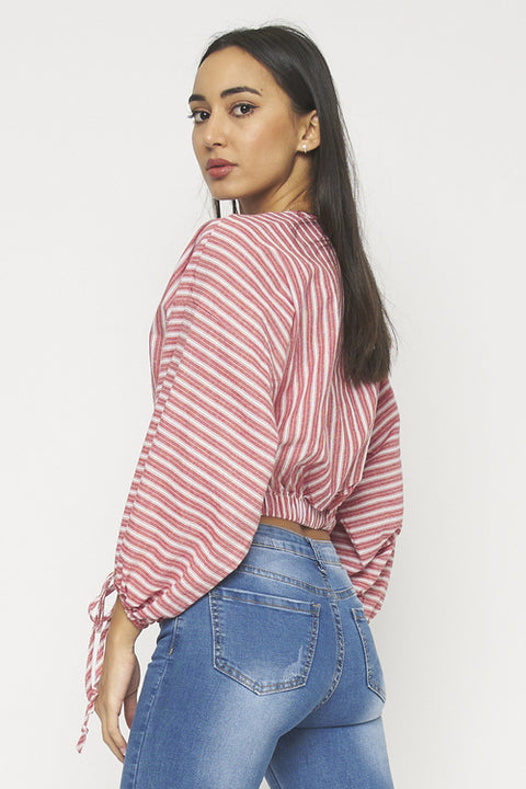 Surplice Pin Striped Wrap Top with Balloon Sleeves and Wrist Ties (T15255) - Wholesale Fashion Couture 