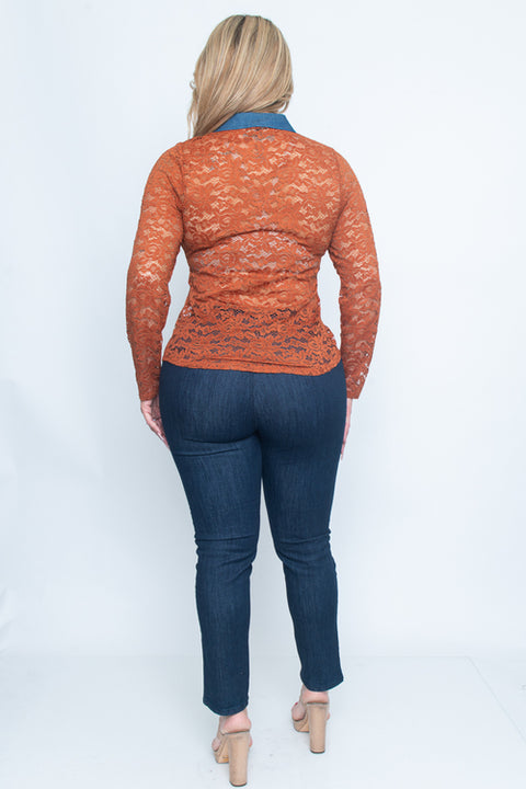 Plus Size Long Sleeve Top (ZB10608) Rust-Denim / ( 1XL-2XL-3XL- 1-1-1)