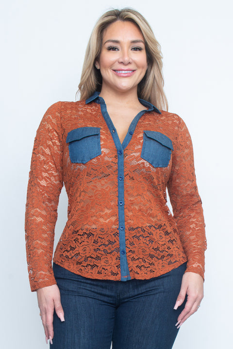 Plus Size Long Sleeve Top (ZB10608) Rust-Denim / ( 1XL-2XL-3XL- 1-1-1)