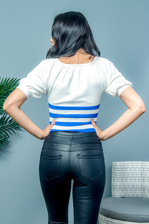 Striped Puff Sleeve Rib Knit Crop Top (SJ16656) - Wholesale Fashion Couture 