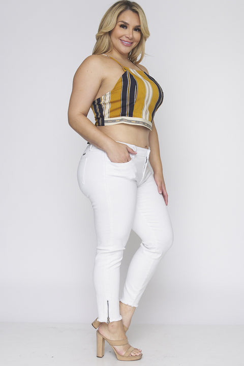 Plus Size Striped Crop Top (ZB9386F4) Mustard / ( 1XL-2XL-3XL- 2-2-2)