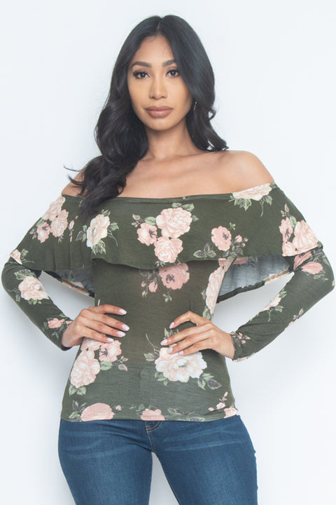 Long Sleeve Floral Print Top with Flounce (AY30803LP) - Wholesale Fashion Couture 