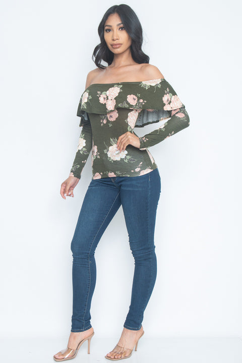 Long Sleeve Floral Print Top with Flounce (AY30803LP) - Wholesale Fashion Couture 