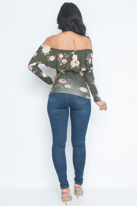 Long Sleeve Floral Print Top with Flounce (AY30803LP) - Wholesale Fashion Couture 