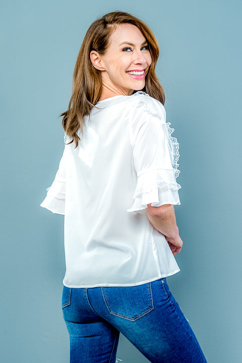 Ruffle Bell Round Neck With Lace Detail In The Front Top (T439) - Wholesale Fashion Couture 