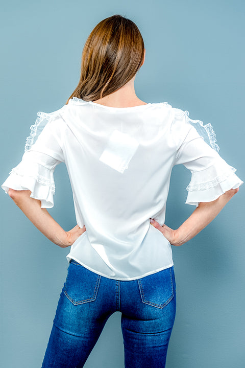 Ruffle Bell Round Neck With Lace Detail In The Front Top (T439) - Wholesale Fashion Couture 