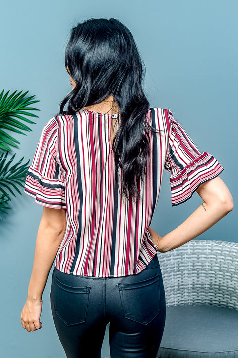 Short Sleeve Stripped Top (D72140) Burgundy / (S-M-L - 2-2-2)