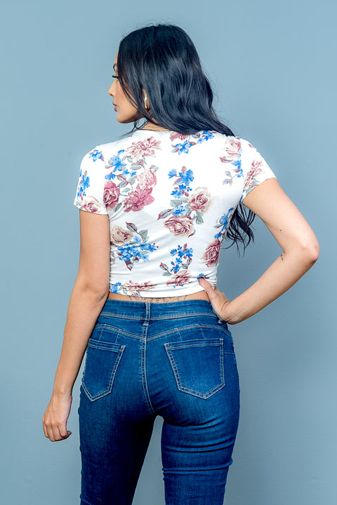 Floral Short Sleeve Top (AY31842P) White / (S-M-L - 2-2-2)