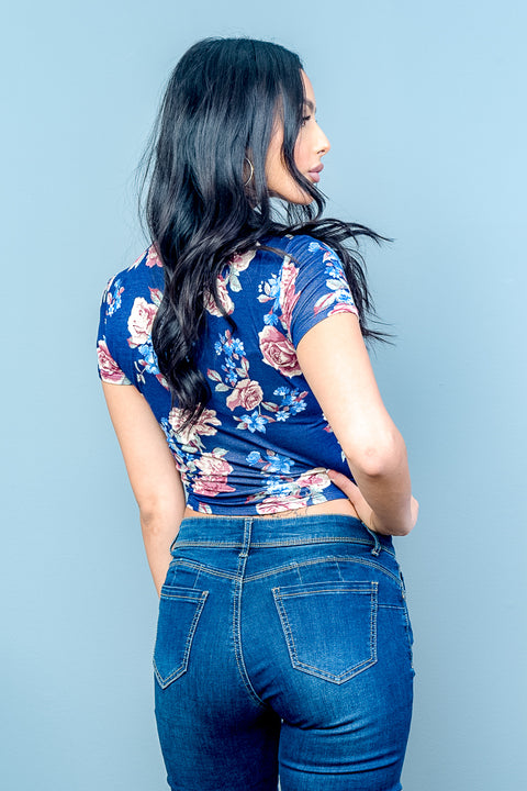 Floral Short Sleeve Top (AY31842P) Navy / (S-M-L - 2-2-2)