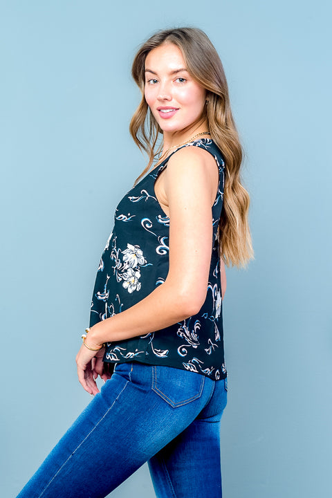 Sleveless Top (HA395214MI) Black-Floral / (XS-S-M-L-XL - 2-2-2-2-1)