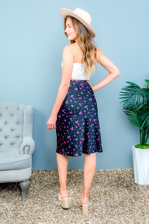 Rose Pink Floral Print Crepe Satin A-Line Midi Skirt in Black (00374065) - Wholesale Fashion Couture 