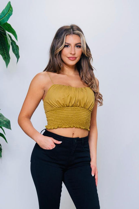 Spaghetti Strap Empire Bust Crop Top with Smocked Waist and Lettuce Hem (BT96876-8) - Wholesale Fashion Couture 